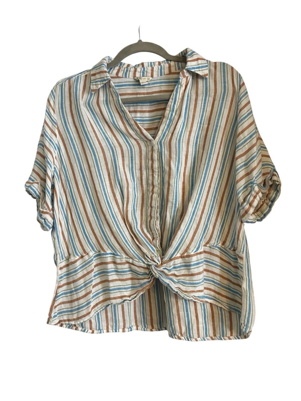 Cato Striped Tie-Front Blouse in Blue, Brown & Cream